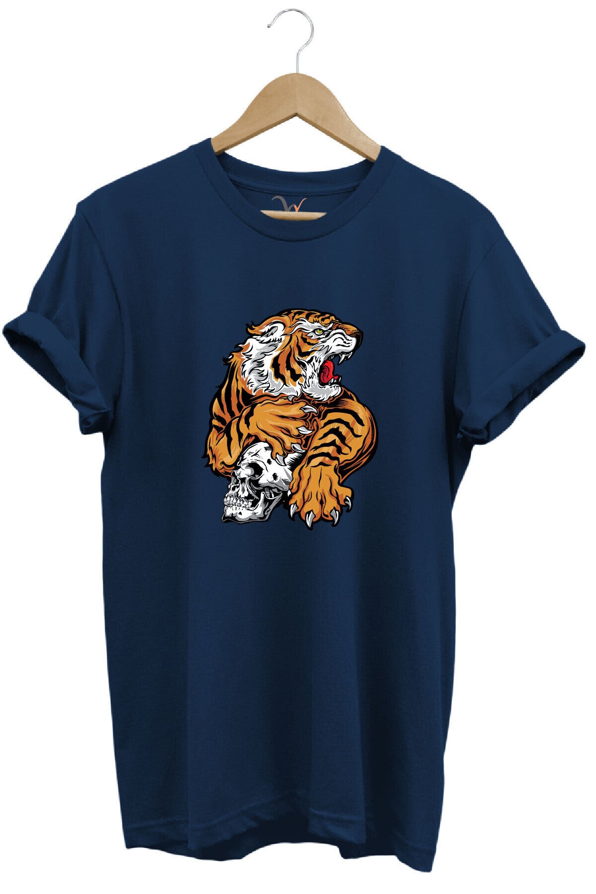 Vahşi Kaplan Tasarım Ve Kuru Kafa Baskılı %100 Pamuk Regular Fit Bisiklet Yaka Kırmızı T-shirt Lacivert - 2XL