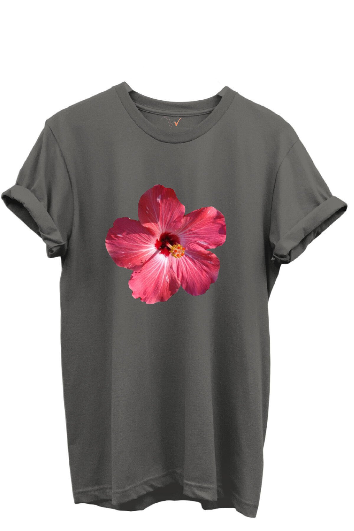 Pembe Tropik Hibiskus Çiçekli Kadın %100 Pamuk Regular Fit Bisiklet Yaka T-Shirt Gri - 2XL