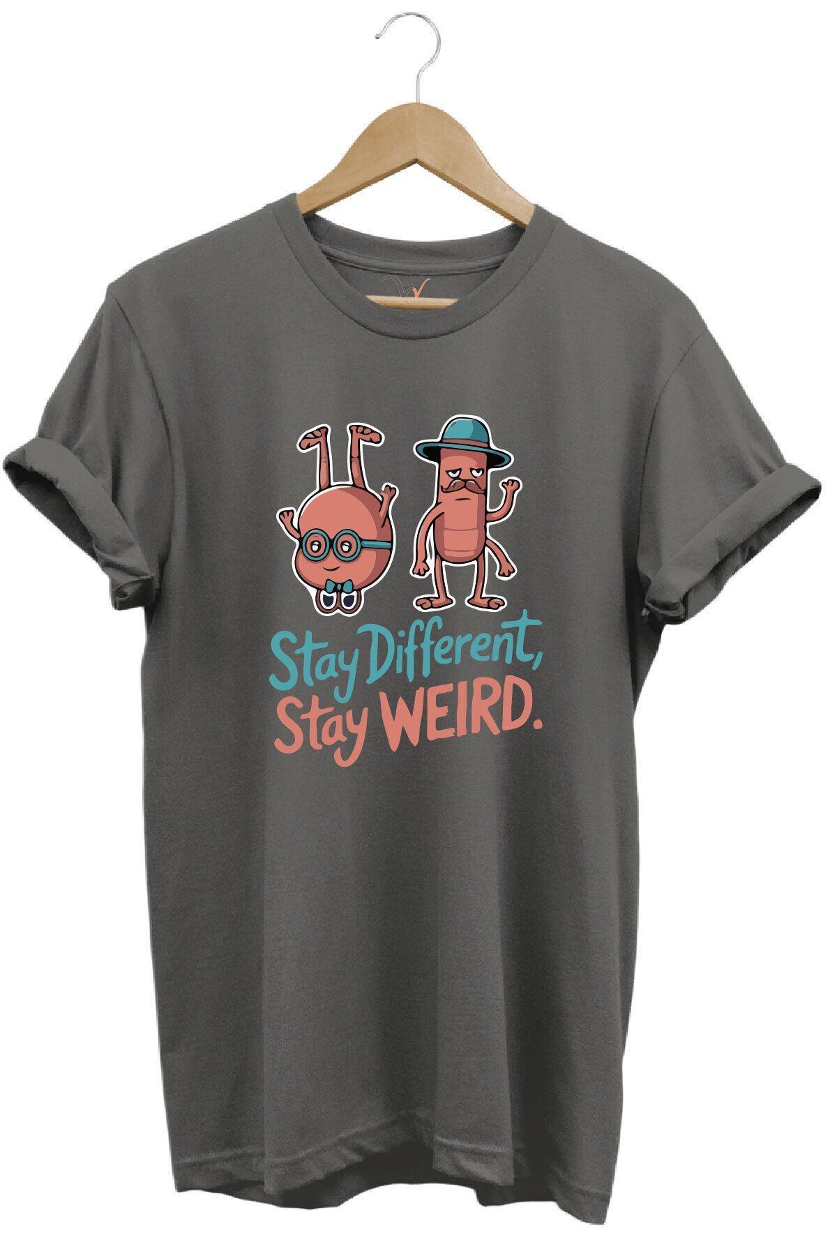 Stay Different Stay Weird Sevimli Şık Tasarım Baskılı %100 Pamuk Bisiklet Yaka Regular Fit T-Shirt Gri - 2XL