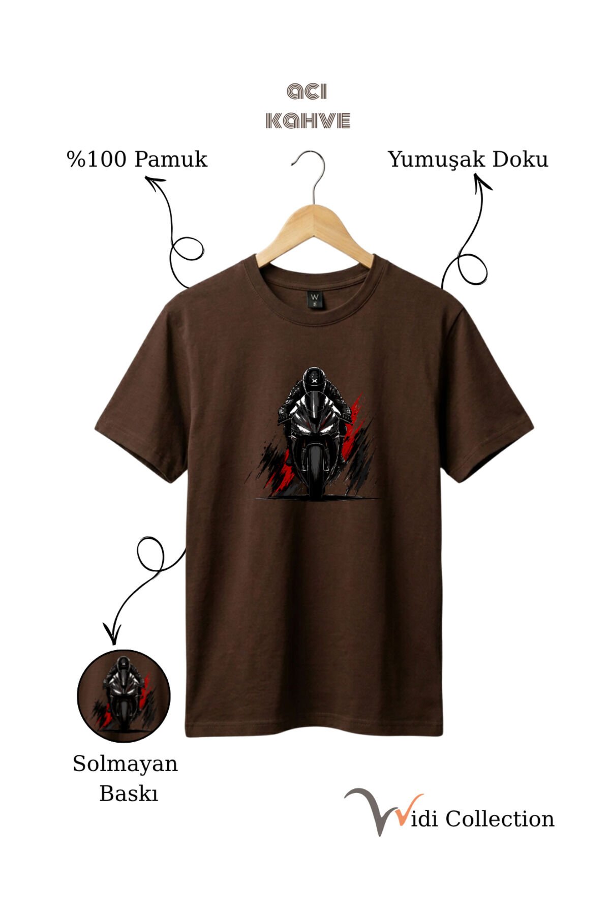 Spor Motor Baskılı Hız Temalı %100 Pamuk Unisex Regular Fit T-Shirt Koyu Kahverengi - S