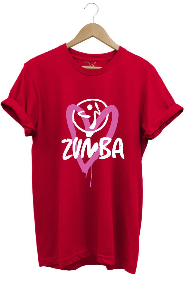 Zumba Fitness Kalp Baskılı %100 Pamuk Regular Fit Bisiklet Yaka T-shirt Kırmızı - L