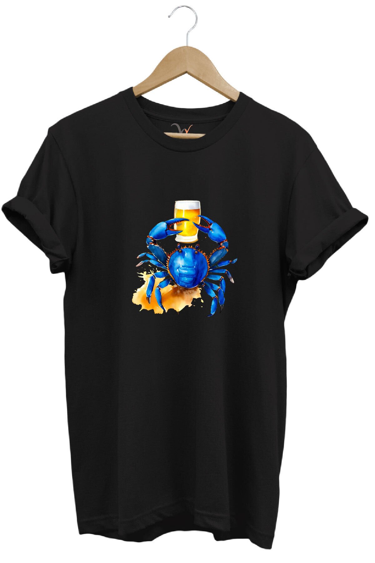 Yaz Baskılı Mavi Yengeç %100 Pamuk Regular Fit Bisiklet Yaka Kırmızı T-shirt Siyah - 5XL