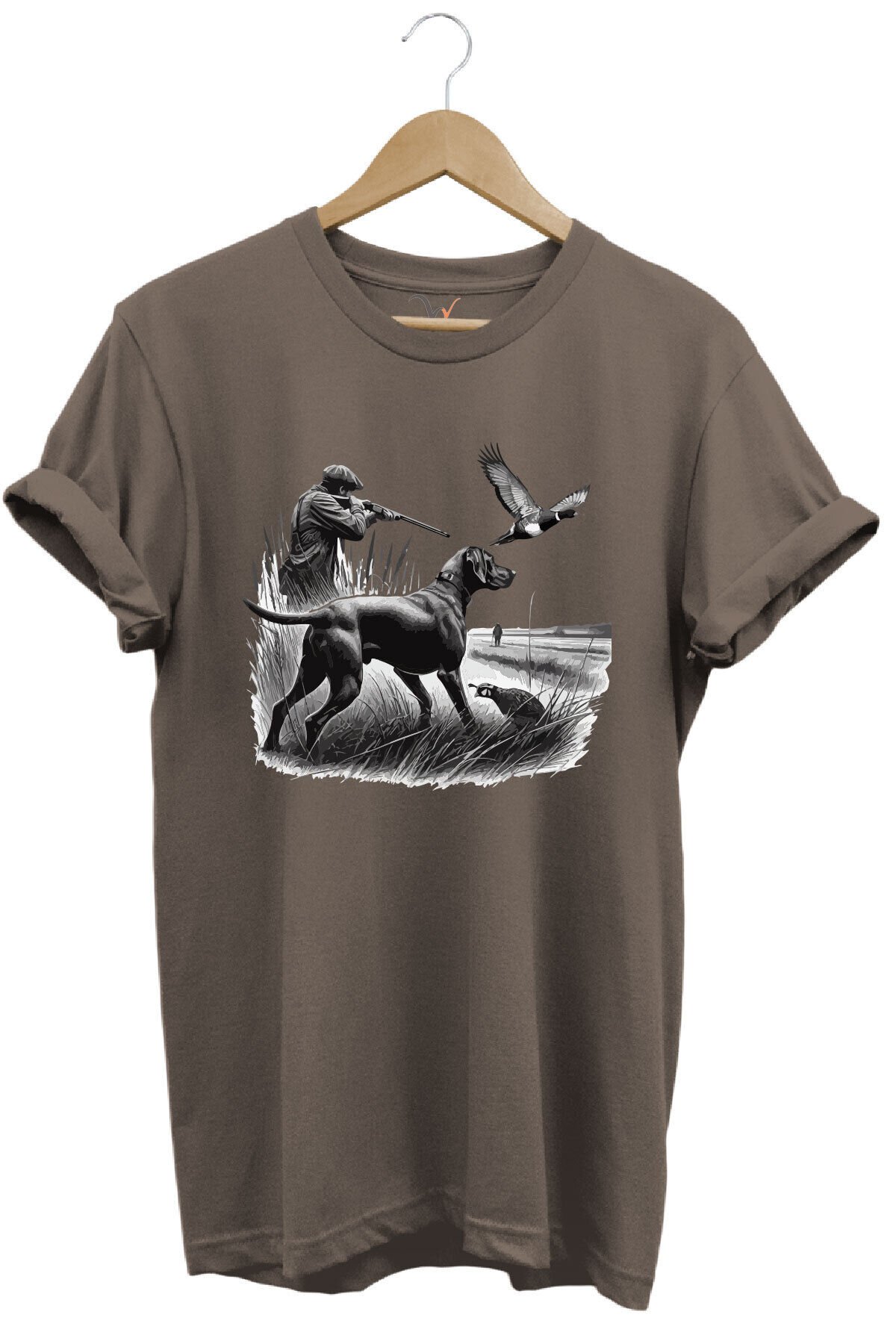 Avcılık Temalı Kuş Avı Ve Av Köpeği Baskılı %100 Pamuk Regular Fit Beyaz T-shirt Kahverengi - XL