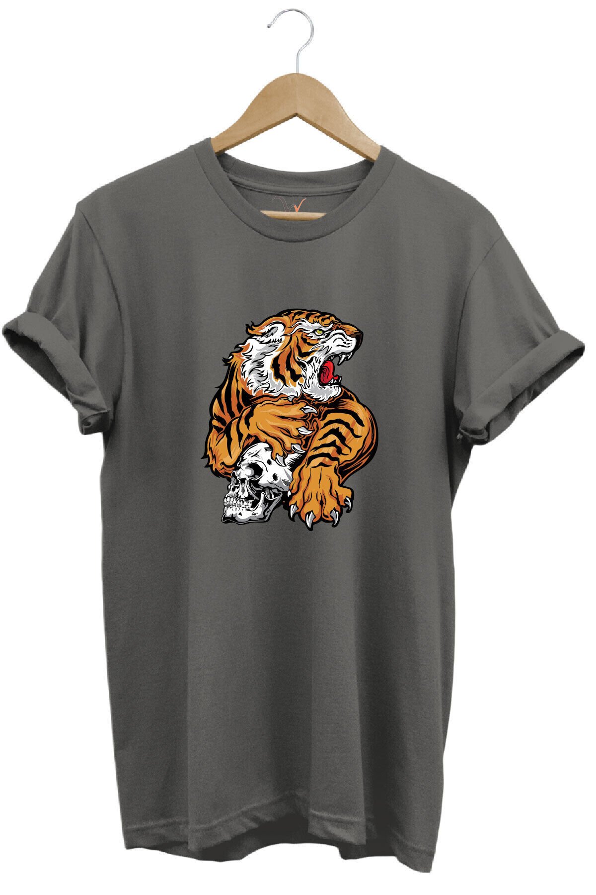 Vahşi Kaplan Tasarım Ve Kuru Kafa Baskılı %100 Pamuk Regular Fit Bisiklet Yaka Kırmızı T-shirt Gri - S