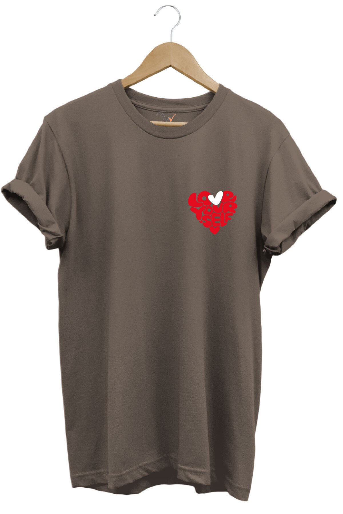 Love Yourself Kalp Tipografi Baskılı %100 Pamuk Unisex Regular Fit T-Shirt Kahverengi - M