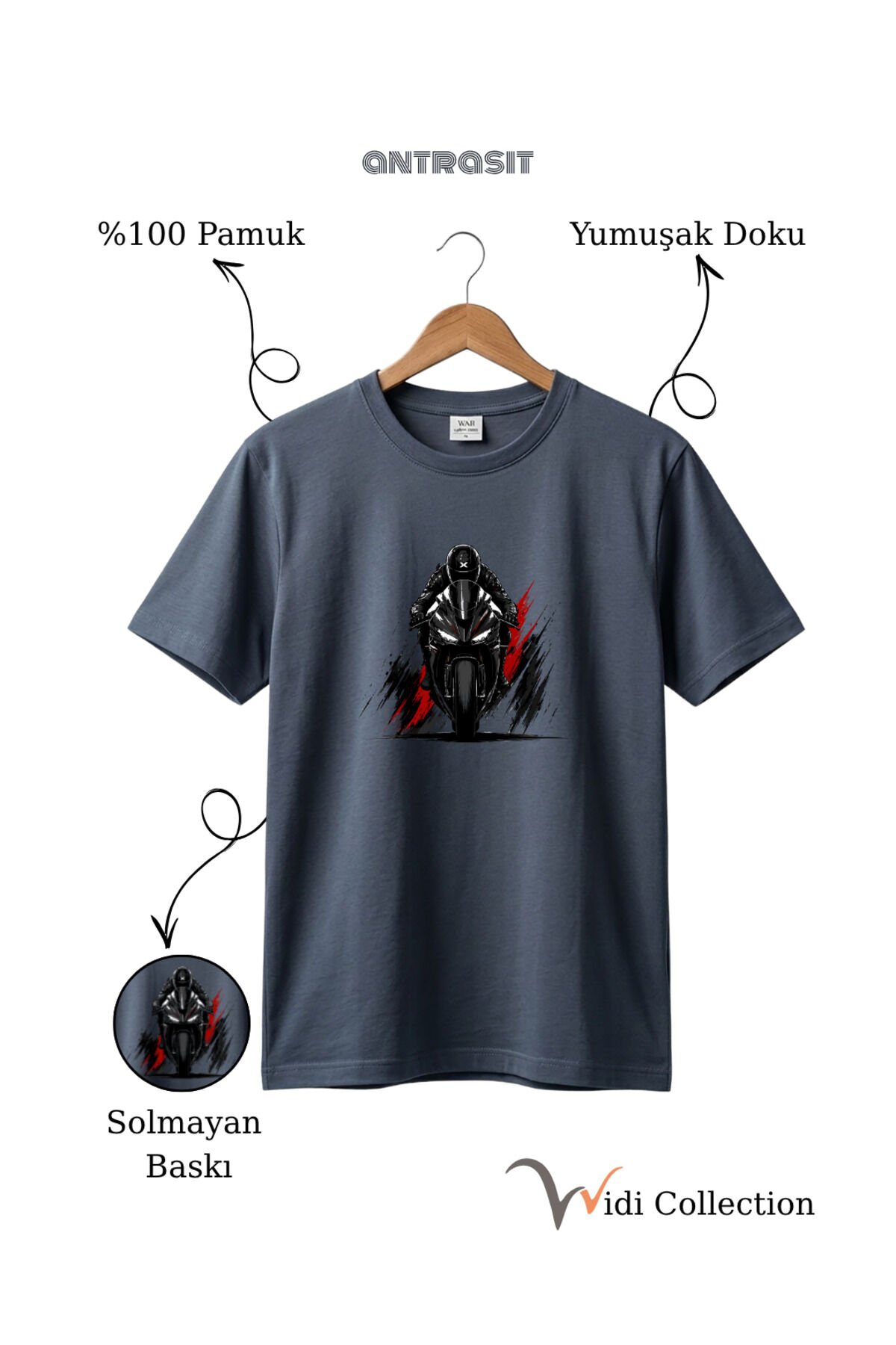 Spor Motor Baskılı Hız Temalı %100 Pamuk Unisex Regular Fit T-Shirt Antrasit Gri - 3XL