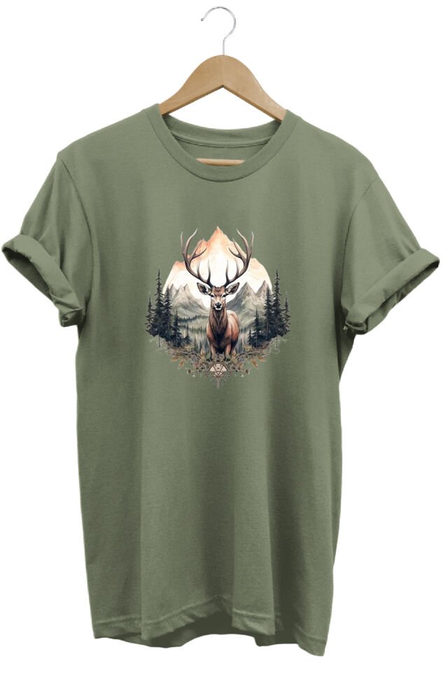 Unisex Geyik ve Dağ Manzaralı Baskılı Bisiklet Yaka Tişört T-shirt Haki - 3XL