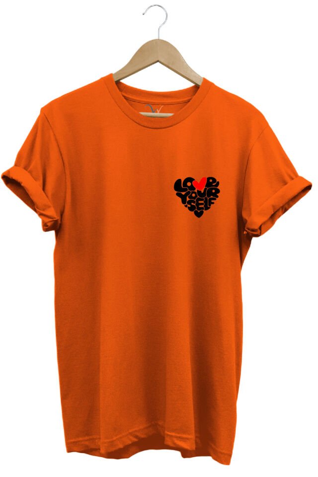 Love Yourself Kalp Tipografi Baskılı %100 Pamuk Unisex Regular Fit T-Shirt Turuncu - S