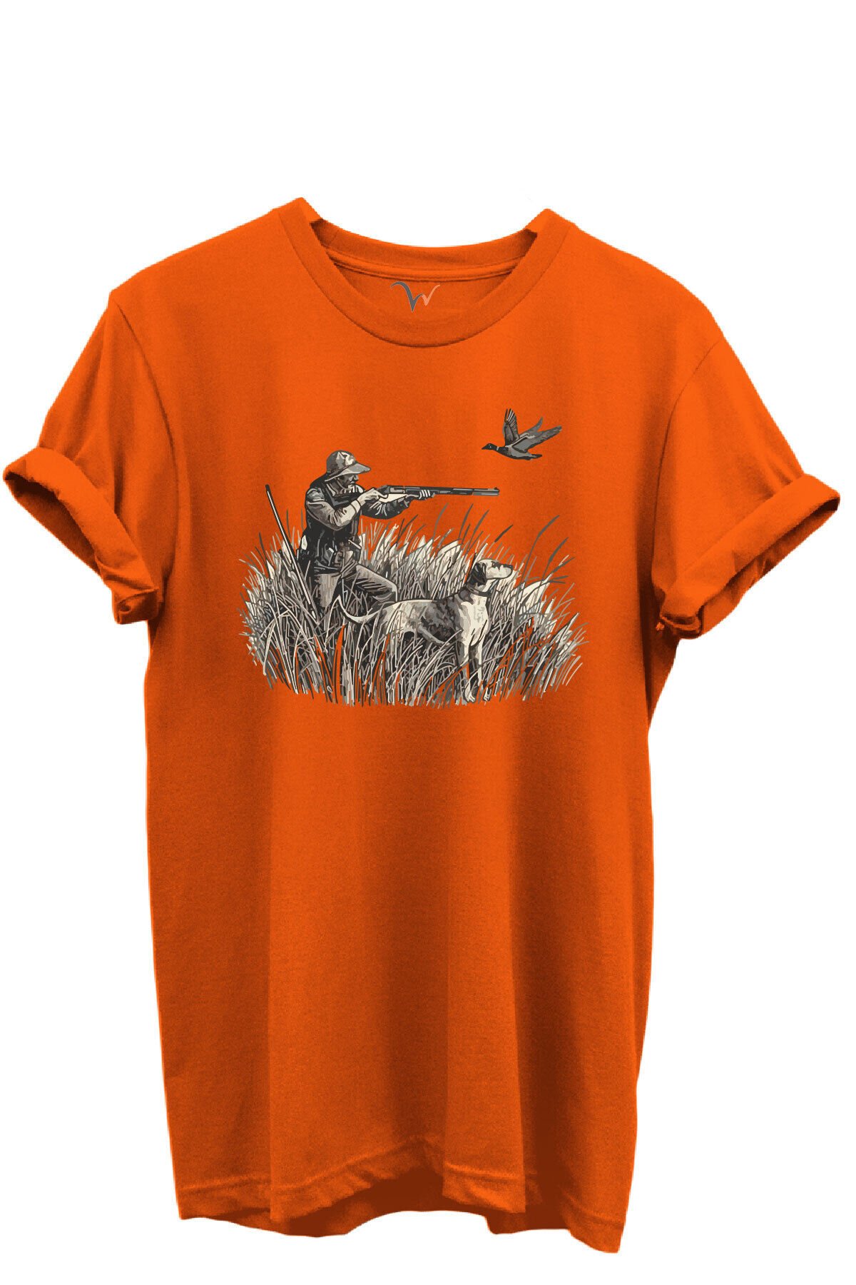 Outdoor Avcılık Avcı, Köpek ve Kuş Desenli %100 Pamuk Regular Fit Bisiklet Yaka Unisex T-shirt Turuncu - S