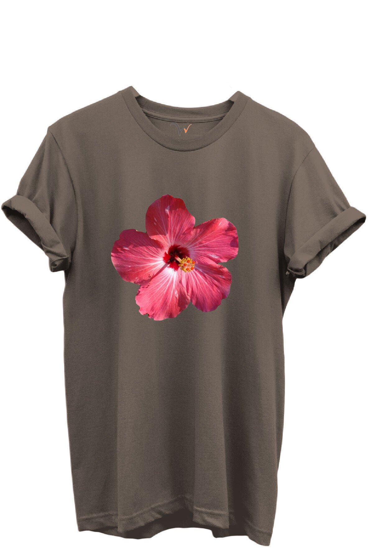 Pembe Tropik Hibiskus Çiçekli Kadın %100 Pamuk Regular Fit Bisiklet Yaka T-Shirt Kahverengi - XL