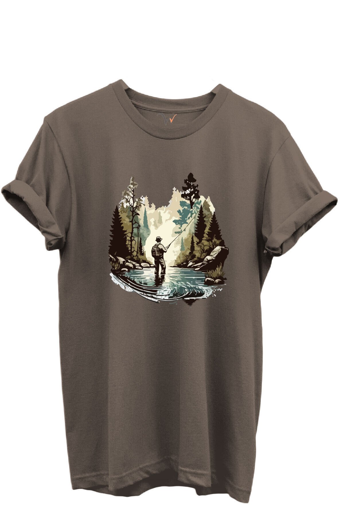 Balık Tutma Temalı Kampçı Desenli %100 Pamuk Regular Fit Unisex T-Shirt Kahverengi - 2XL