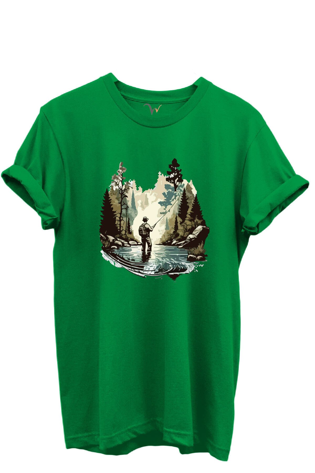 Balık Tutma Temalı Kampçı Desenli %100 Pamuk Regular Fit Unisex T-Shirt Yeşil - L