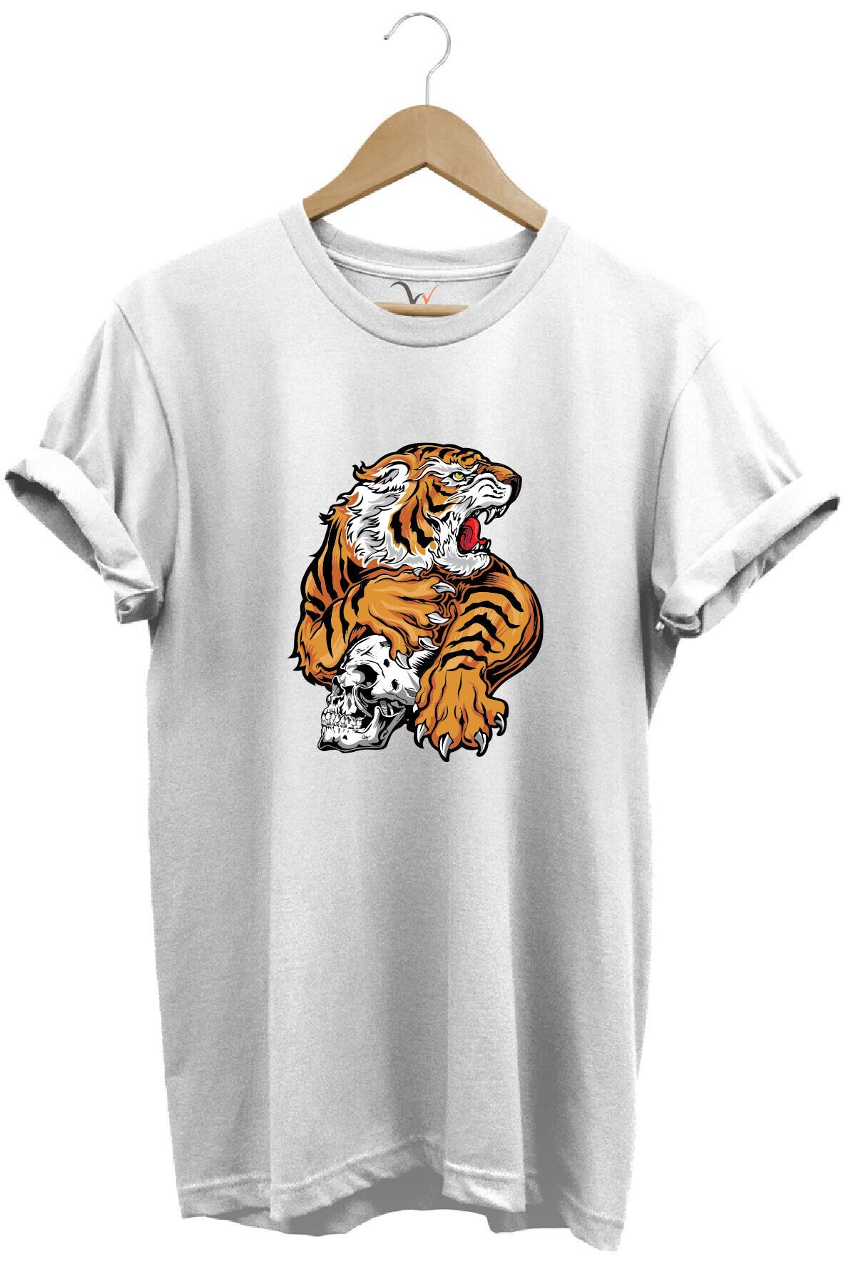 Vahşi Kaplan Tasarım Ve Kuru Kafa Baskılı %100 Pamuk Regular Fit Bisiklet Yaka Kırmızı T-shirt Beyaz - 3XL