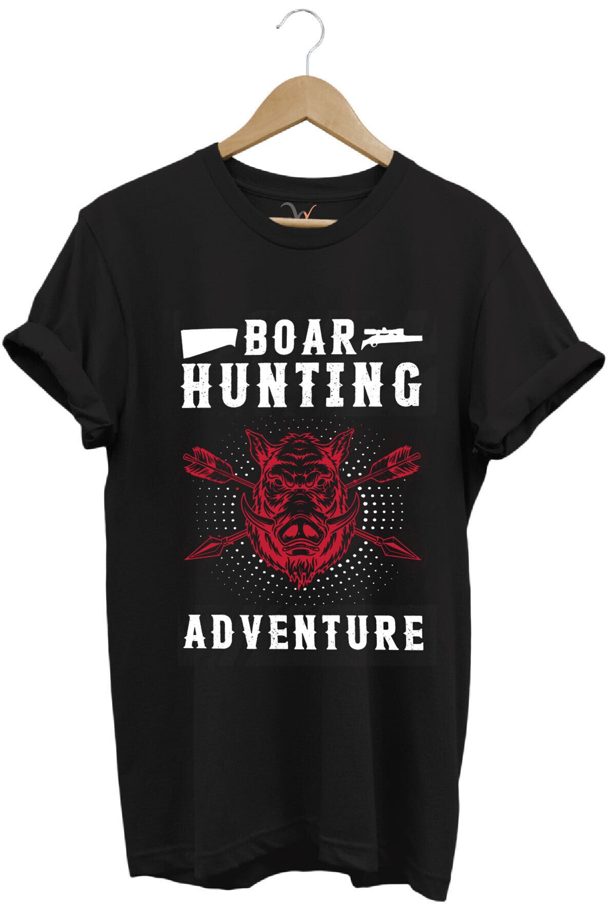 Domuz Avcılığı Baskılı Hunter Avcılık Temalı %100 Pamuk Regular Fit Haki T-shirt Siyah - 13-14 Yaş