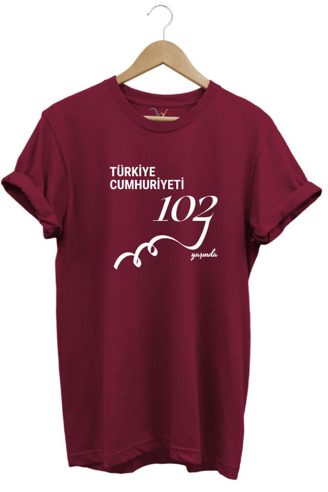 29 Ekim 102. Yıl Tasarım Baskılı %100 Pamuk Regular Fit Bisiklet Yaka Unisex T-Shirt Bordo - 3XL