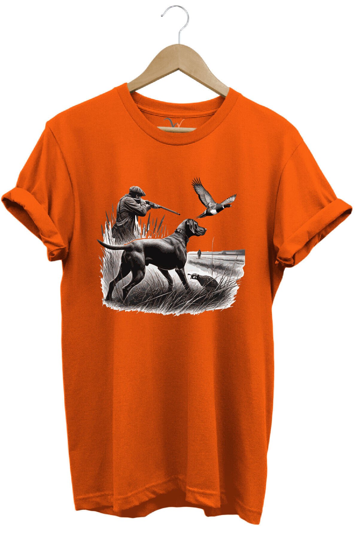 Avcılık Temalı Kuş Avı Ve Av Köpeği Baskılı %100 Pamuk Regular Fit Beyaz T-shirt Turuncu - M