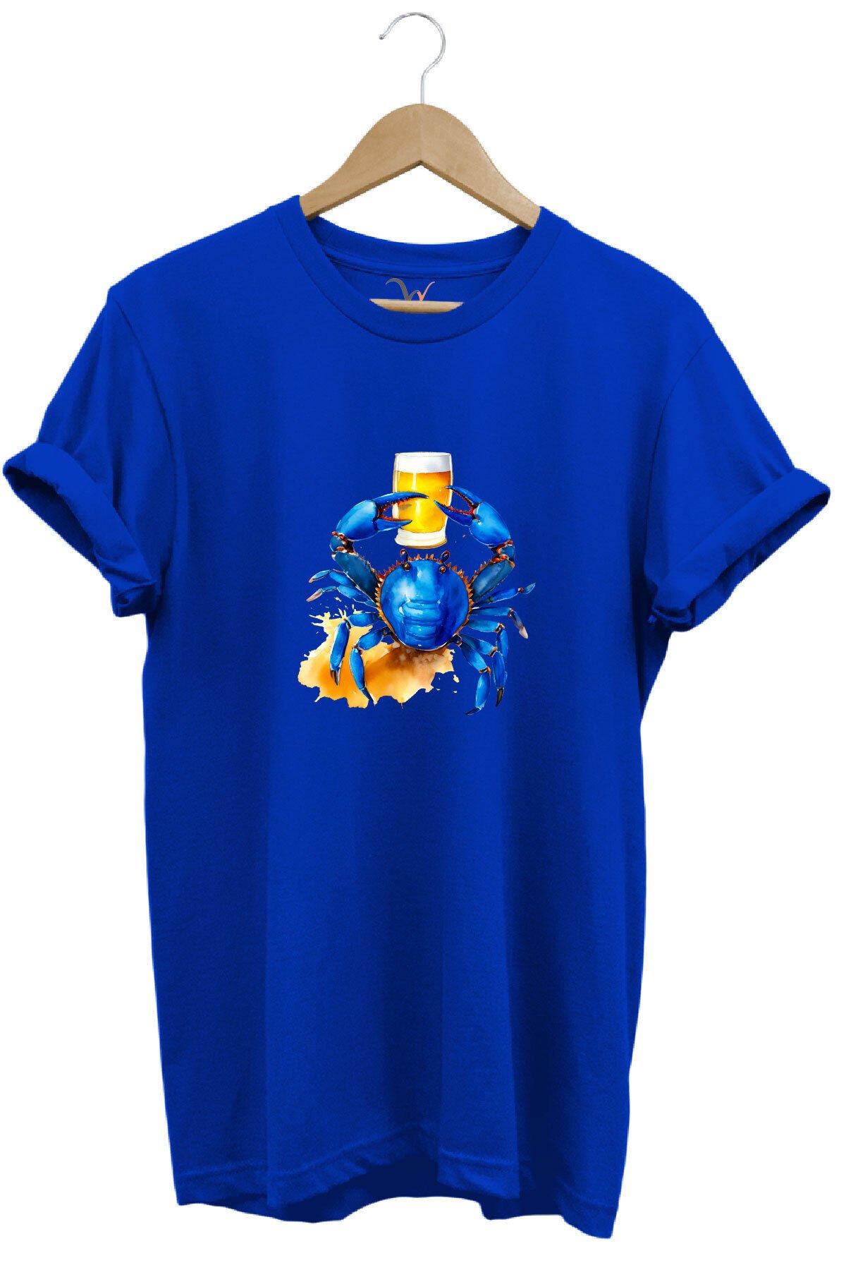 Yaz Baskılı Mavi Yengeç %100 Pamuk Regular Fit Bisiklet Yaka Kırmızı T-shirt Mavi - M