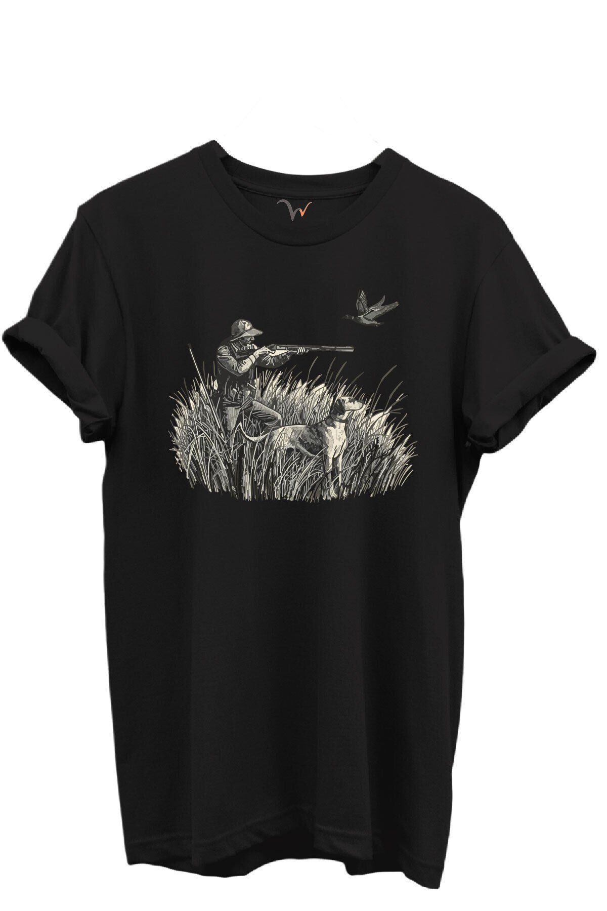 Outdoor Avcılık Avcı, Köpek ve Kuş Desenli %100 Pamuk Regular Fit Bisiklet Yaka Unisex T-shirt Siyah - L