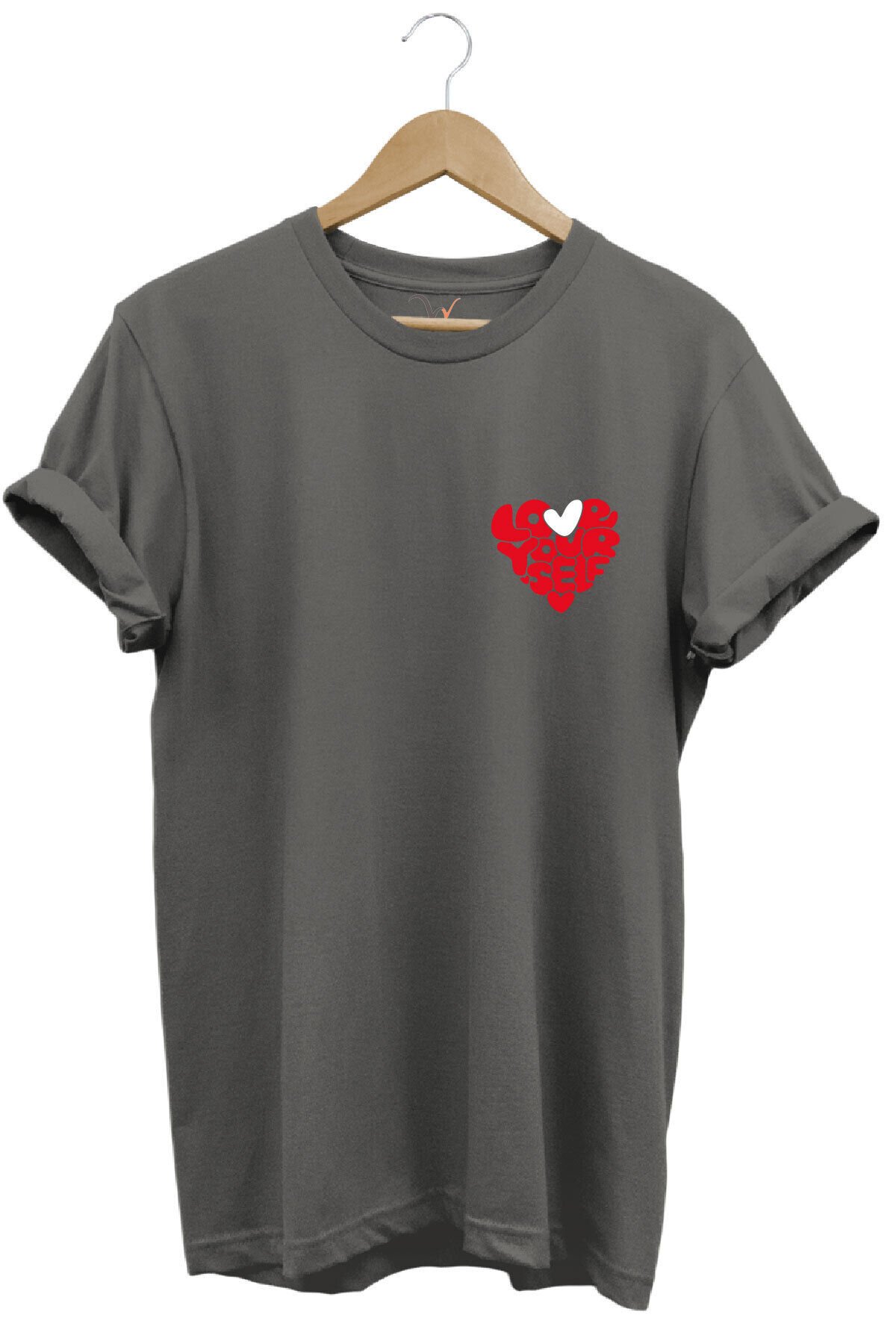 Love Yourself Kalp Tipografi Baskılı %100 Pamuk Unisex Regular Fit T-Shirt Gri - M