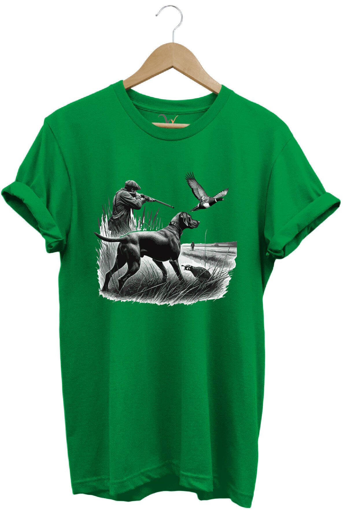 Avcılık Temalı Kuş Avı Ve Av Köpeği Baskılı %100 Pamuk Regular Fit Beyaz T-shirt Yeşil - XL