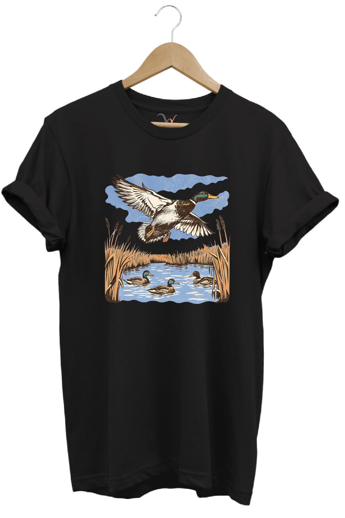 Hunting Avcılık Ördek Avı Sazlık Göl Baskılı %100 Pamuk Regular Fit Unisex T-Shirt Siyah - 5XL
