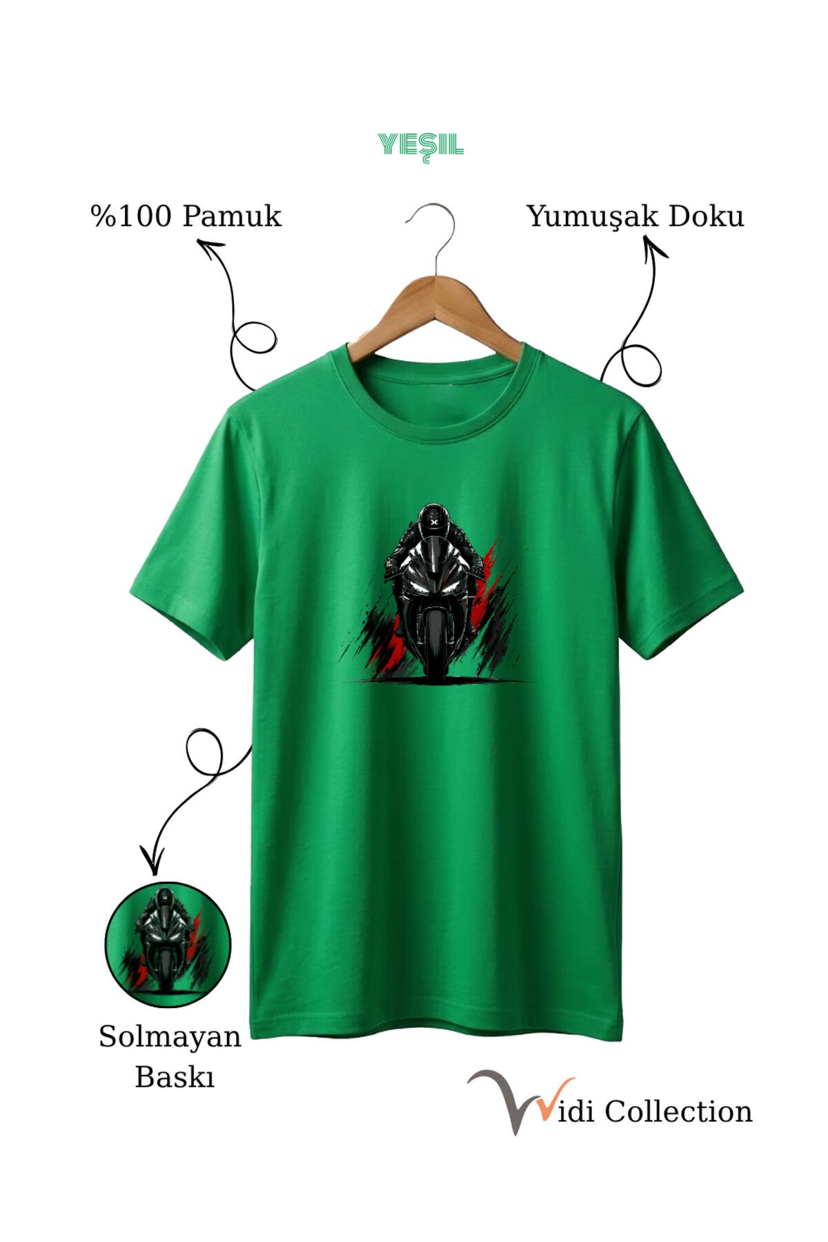 Spor Motor Baskılı Hız Temalı %100 Pamuk Unisex Regular Fit T-Shirt Yeşil - S