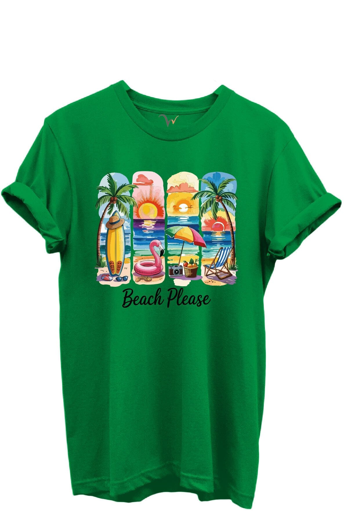 Beach Please Yazılı Renkli Plaj ve Gün Batımı Temalı %100 Pamuk Regular Fit Unisex T-Shirt Yeşil - L