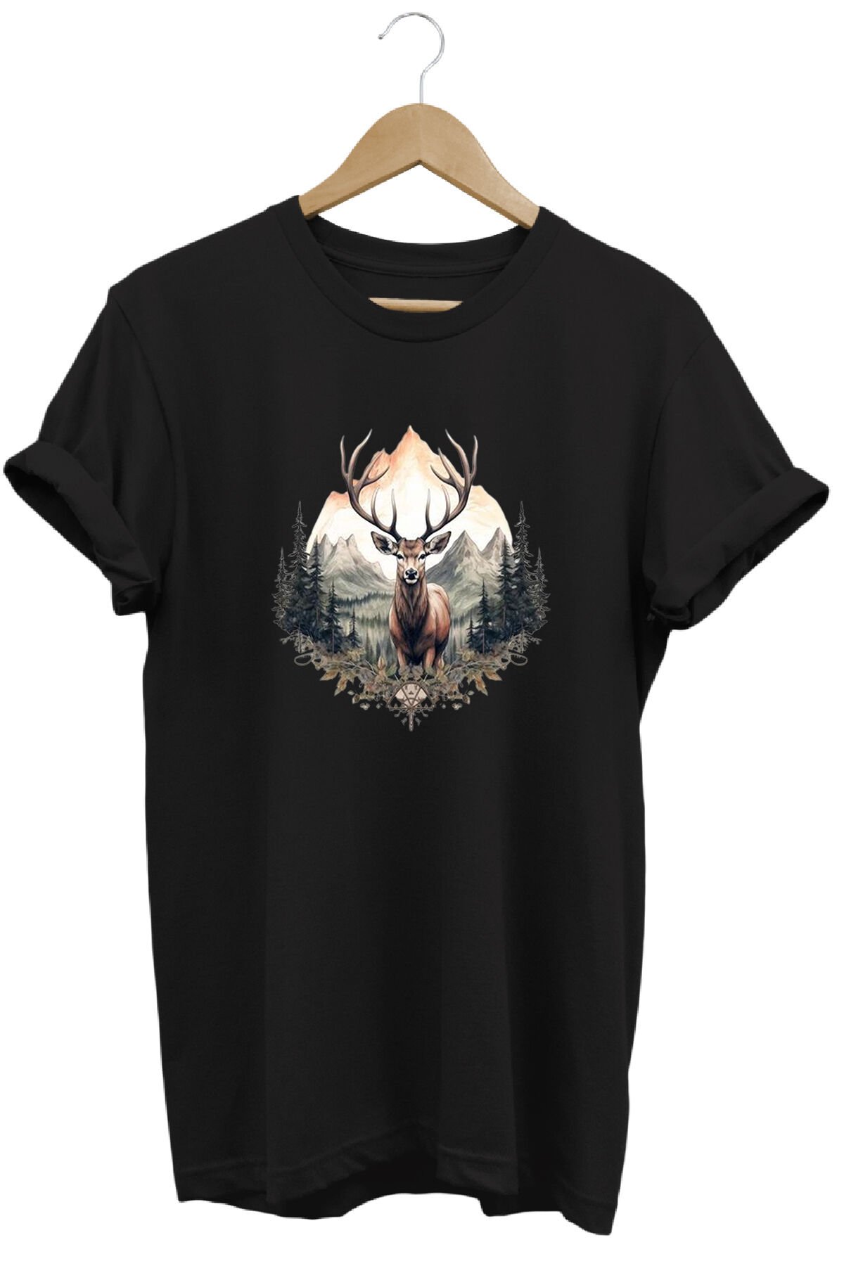 Unisex Geyik ve Dağ Manzaralı Baskılı Bisiklet Yaka Tişört T-shirt Siyah - 13-14 Yaş