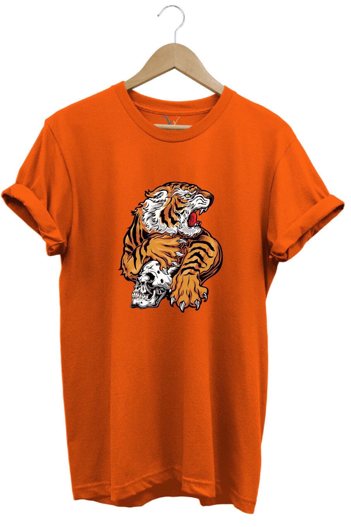 Vahşi Kaplan Tasarım Ve Kuru Kafa Baskılı %100 Pamuk Regular Fit Bisiklet Yaka Kırmızı T-shirt Turuncu - 3XL