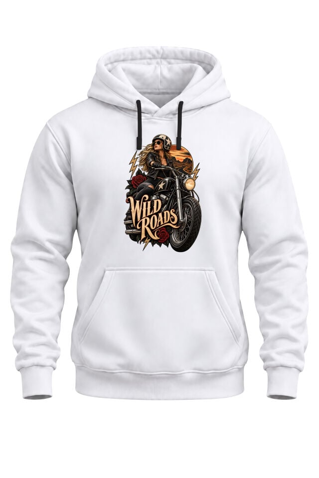 Wild Roads Motosiklet Baskılı Unisex Regular Kalıp 3 İplik Kalın Kapüşonlu Sweatshirt