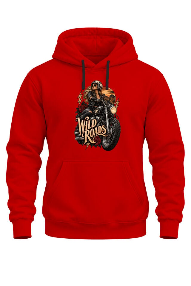 Wild Roads Motosiklet Baskılı Unisex Regular Kalıp 3 İplik Kalın Kapüşonlu Sweatshirt