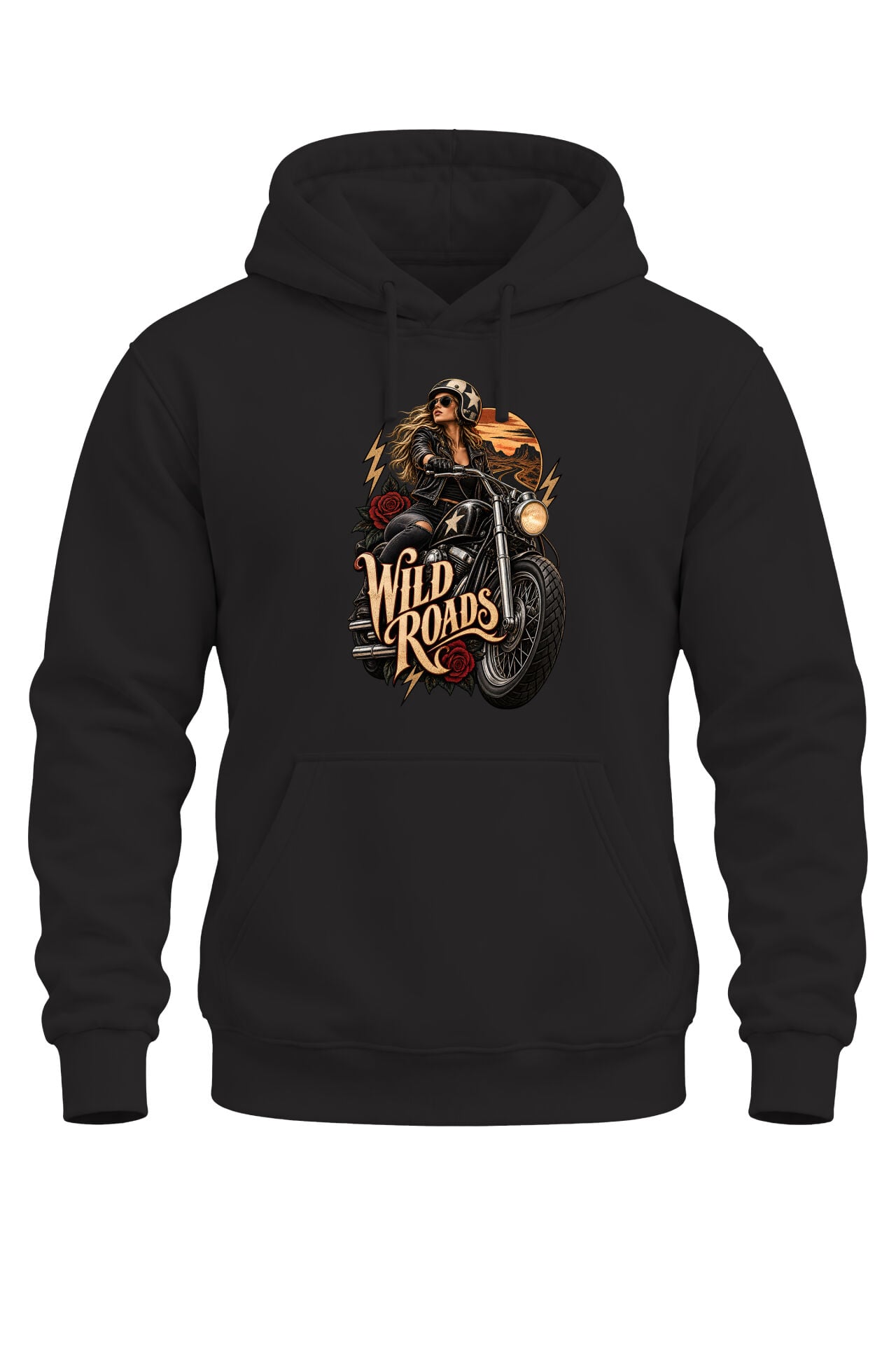 Wild Roads Motosiklet Baskılı Unisex Regular Kalıp 3 İplik Kalın Kapüşonlu Sweatshirt