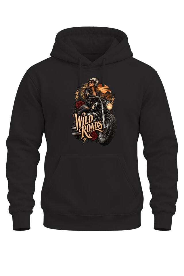 Wild Roads Motosiklet Baskılı Unisex Regular Kalıp 3 İplik Kalın Kapüşonlu Sweatshirt