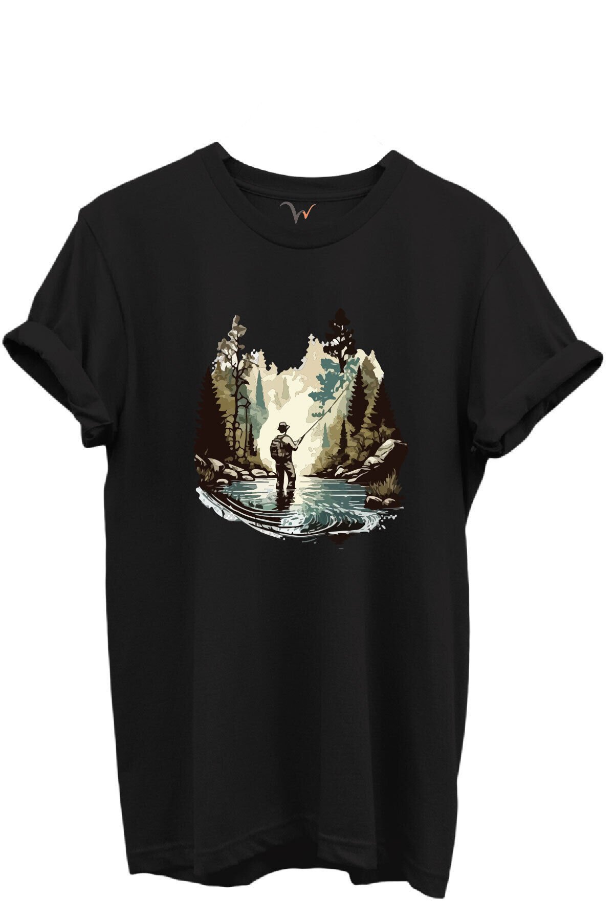 Balık Tutma Temalı Kampçı Desenli %100 Pamuk Regular Fit Unisex T-Shirt Siyah - S