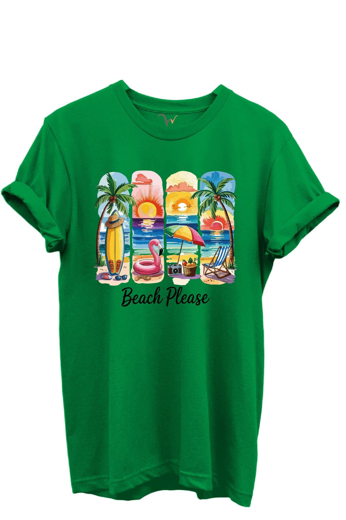 Beach Please Yazılı Renkli Plaj ve Gün Batımı Temalı %100 Pamuk Regular Fit Unisex T-Shirt Yeşil - 3XL