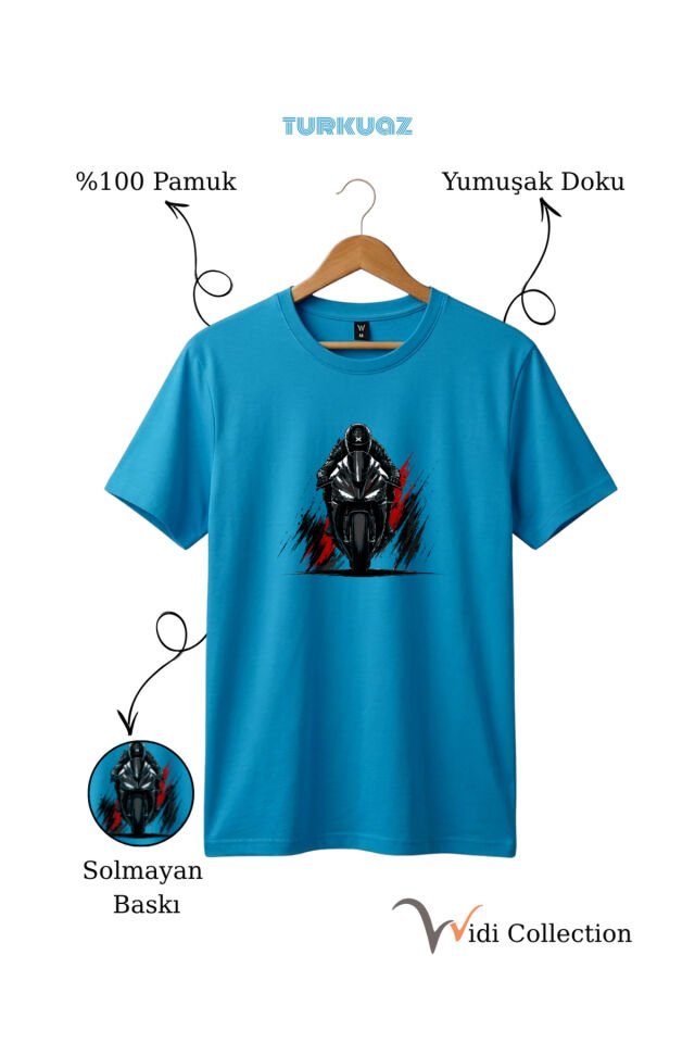 Spor Motor Baskılı Hız Temalı %100 Pamuk Unisex Regular Fit T-Shirt Turkuaz - 3XL