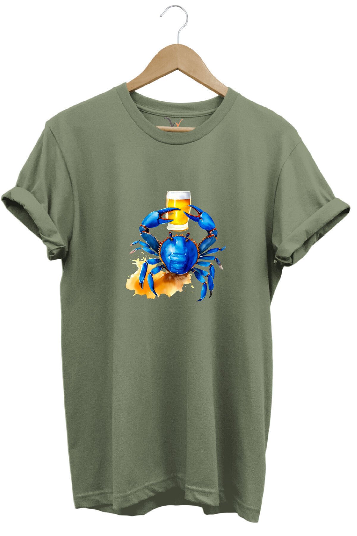 Yaz Baskılı Mavi Yengeç %100 Pamuk Regular Fit Bisiklet Yaka Kırmızı T-shirt Haki - S