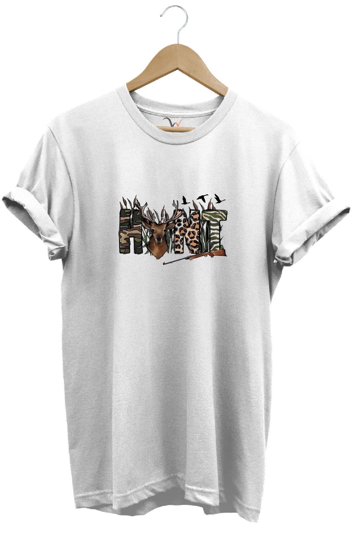 Avcılık Hunter Outdoor Geyik Tasarımlı Hunt Yazı Baskılı %100 Pamuk Regular Fit Lacivert T-shirt Beyaz - S