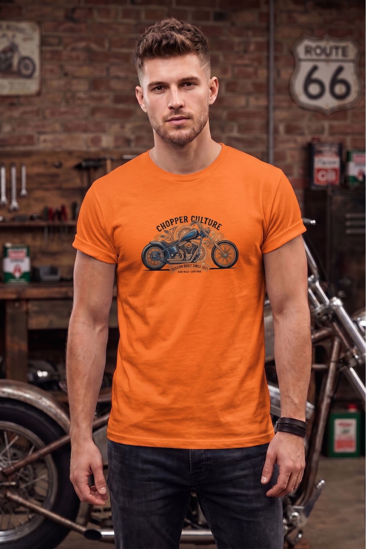 Chopper Culture Custom Built Motorcu Özel Tasarım Siyah Unisex Tişört T-shirt Turuncu - M