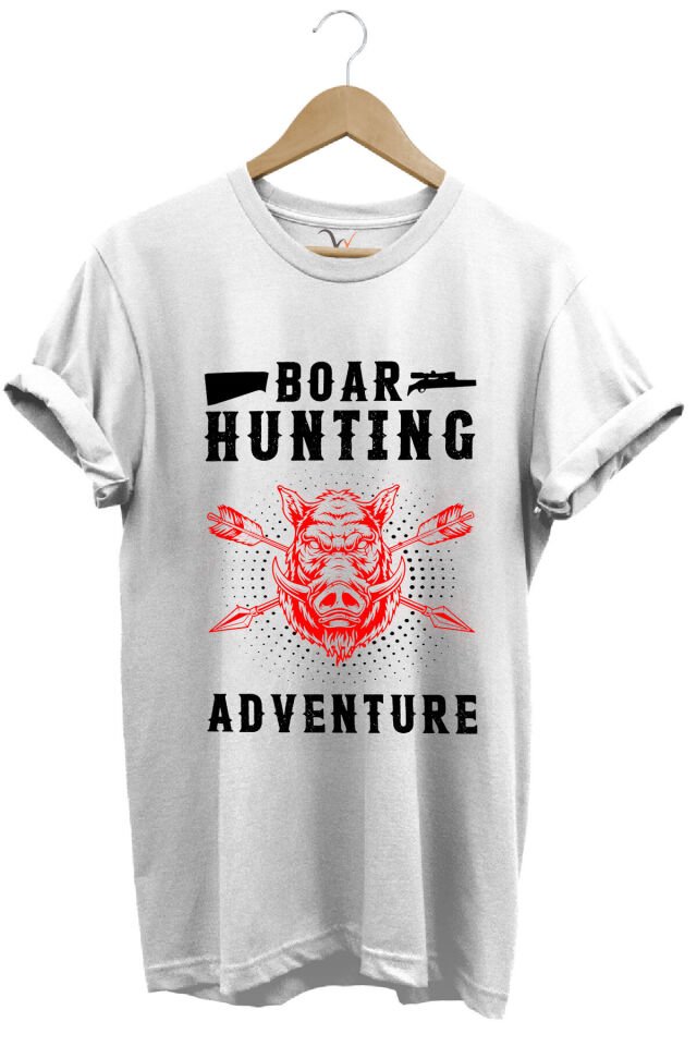 Domuz Avcılığı Baskılı Hunter Avcılık Temalı %100 Pamuk Regular Fit Haki T-shirt Beyaz - S