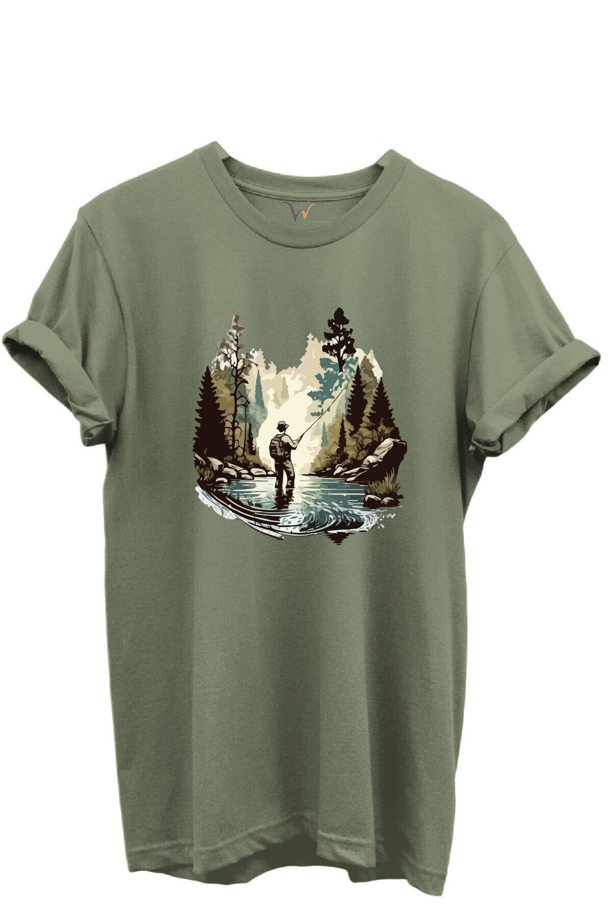 Balık Tutma Temalı Kampçı Desenli %100 Pamuk Regular Fit Unisex T-Shirt Haki - M