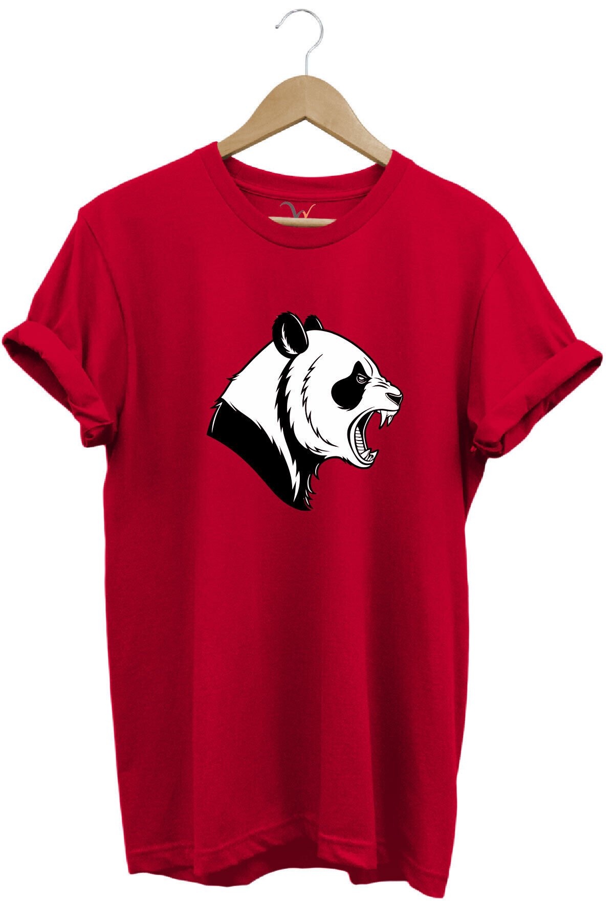 Kızgın Kükreyen Panda Baskılı %100 Pamuk Bisiklet Yaka Regular Fit Mavi T-shirt Kırmızı - S