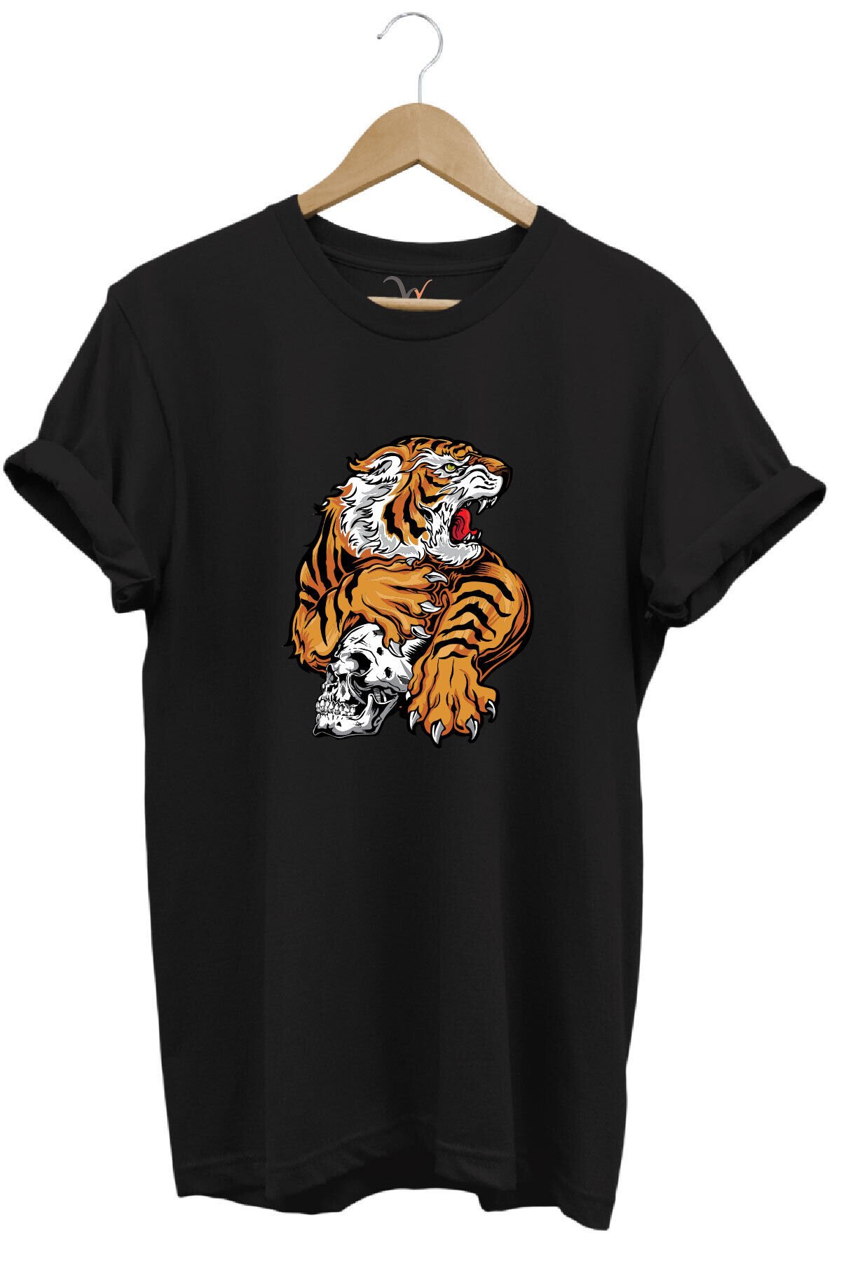 Vahşi Kaplan Tasarım Ve Kuru Kafa Baskılı %100 Pamuk Regular Fit Bisiklet Yaka Kırmızı T-shirt Siyah - 2XL