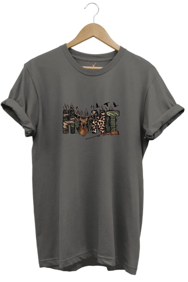 Avcılık Hunter Outdoor Geyik Tasarımlı Hunt Yazı Baskılı %100 Pamuk Regular Fit Lacivert T-shirt Antrasit - 3XL
