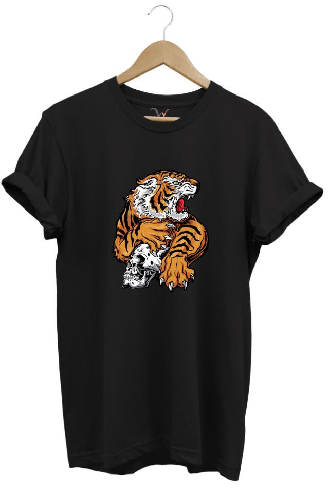 Vahşi Kaplan Tasarım Ve Kuru Kafa Baskılı %100 Pamuk Regular Fit Bisiklet Yaka Kırmızı T-shirt Siyah - S