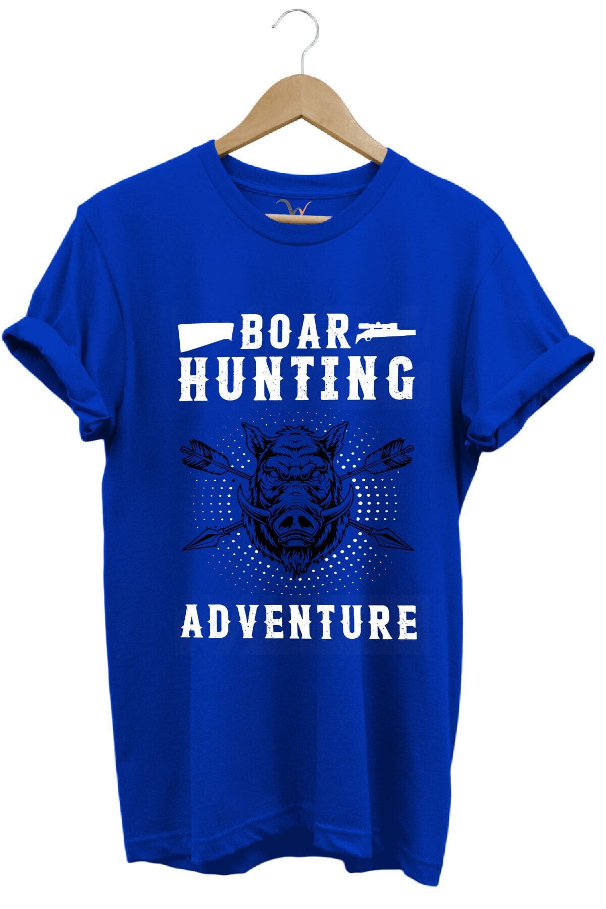 Domuz Avcılığı Baskılı Hunter Avcılık Temalı %100 Pamuk Regular Fit Haki T-shirt Saks Mavi - L