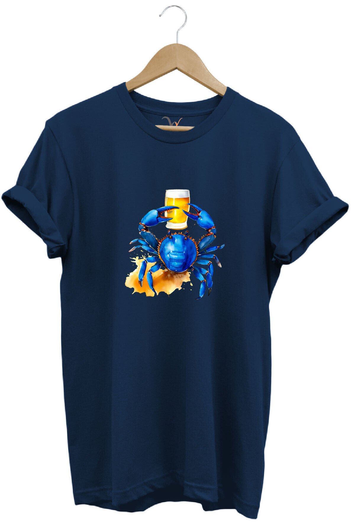Yaz Baskılı Mavi Yengeç %100 Pamuk Regular Fit Bisiklet Yaka Kırmızı T-shirt Lacivert - 2XL