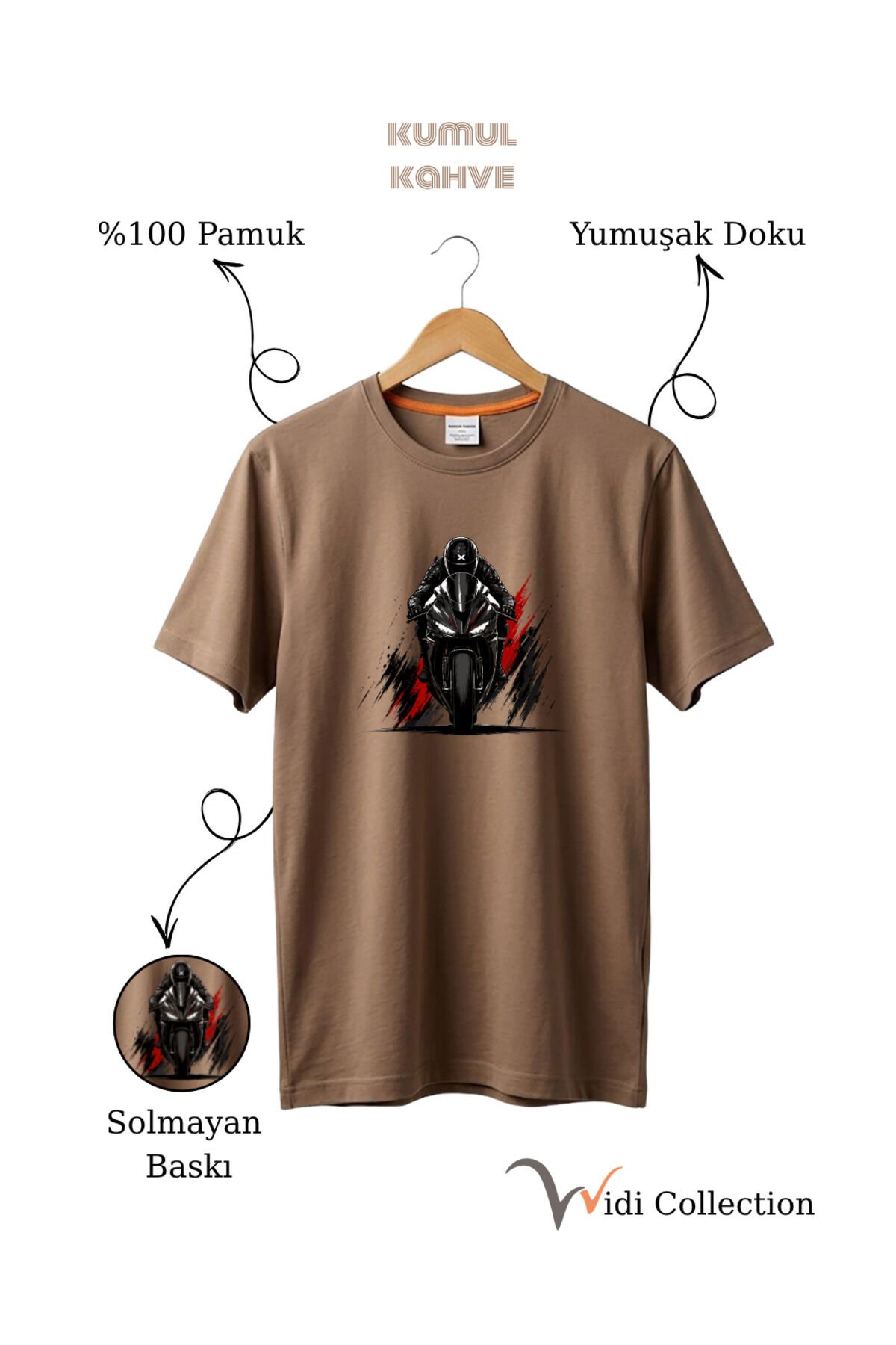 Spor Motor Baskılı Hız Temalı %100 Pamuk Unisex Regular Fit T-Shirt Açık Kahverengi - 2XL
