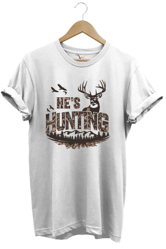 Kamuflaj Desenli Hunting Yazısı ve Geyik Baskılı %100 Pamuk Rahat Kalıp Premium Tişört Beyaz - XL