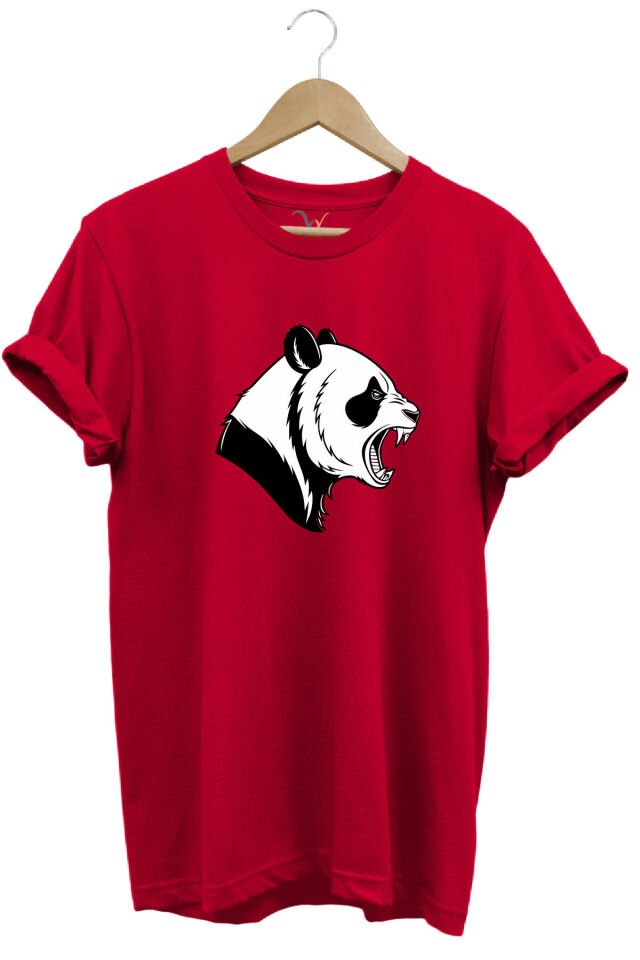 Kızgın Kükreyen Panda Baskılı %100 Pamuk Bisiklet Yaka Regular Fit Mavi T-shirt Kırmızı - M